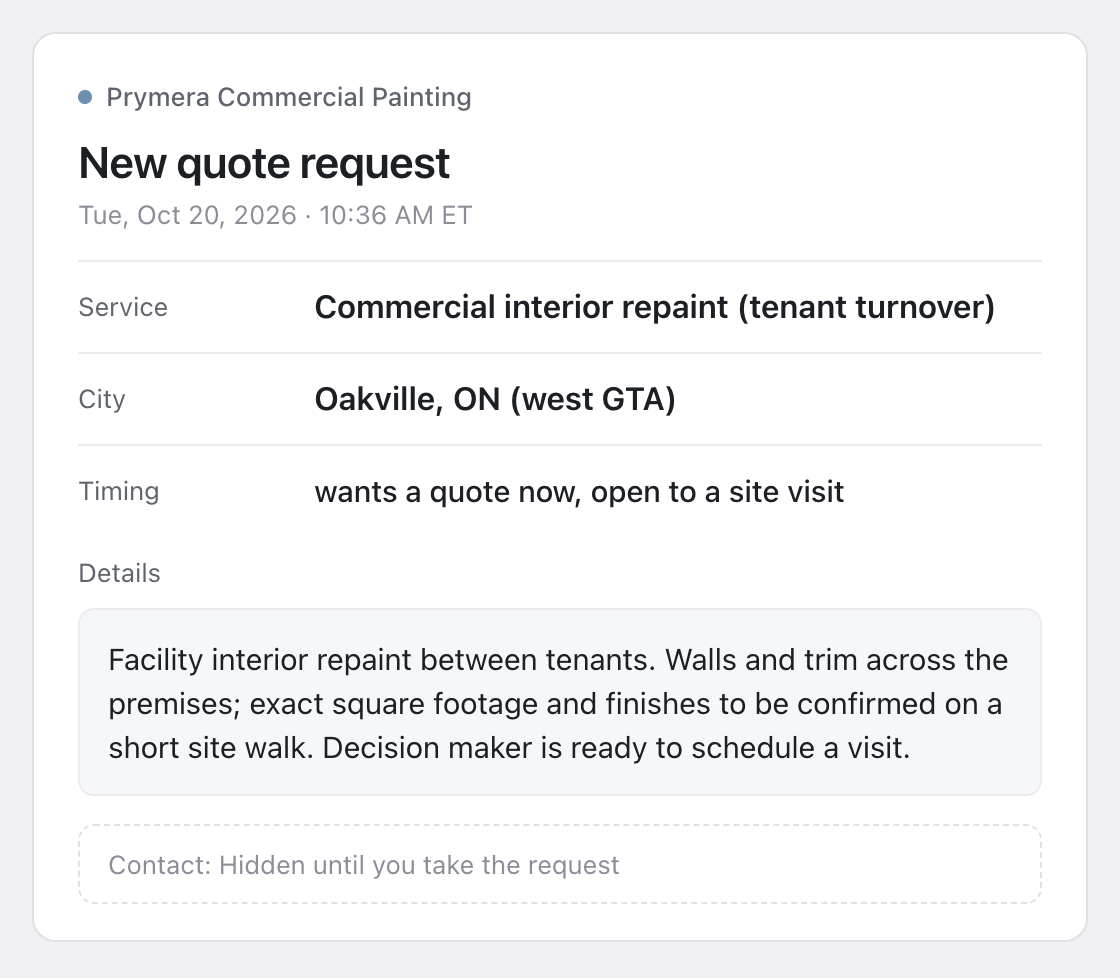 Sample request card from Prymera Commercial Painting, Tuesday October 20, 2026, 10:36 AM ET. Service: commercial interior repaint (tenant turnover). City: Oakville, Ontario (west GTA). Timing: wants a quote now, open to a site visit. Details: facility interior repaint between tenants, walls and trim across the premises, exact square footage and finishes to be confirmed on a short site walk, decision maker ready to schedule a visit. Contact: hidden until you take the request.